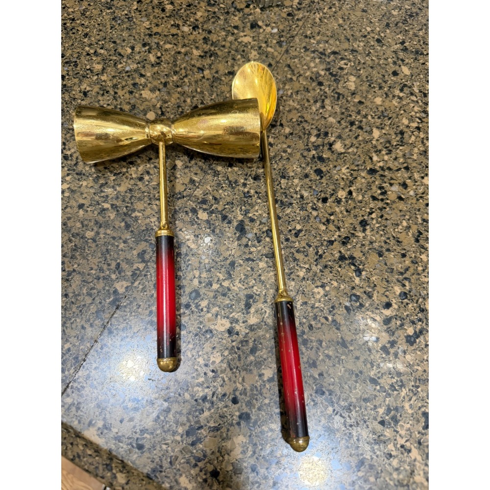 Vintage MCM Gold Tone Barware Set Jigger and Mixing Spoon Red Ombre Handles